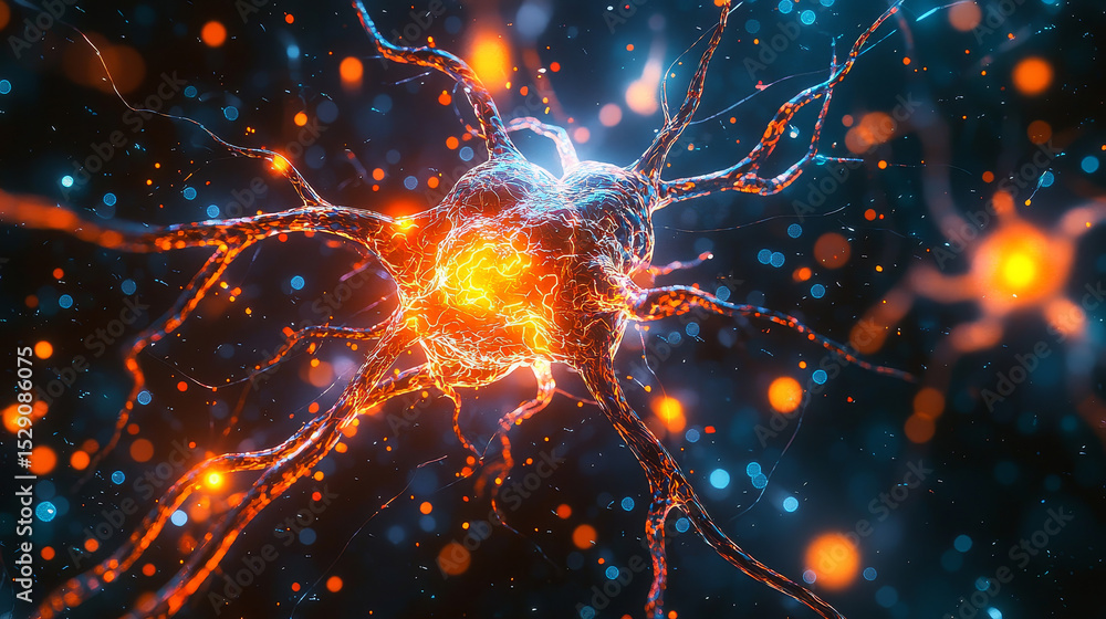 Poster glowing neuron with intricate connections exploring neural activity, brain communication, and synaps