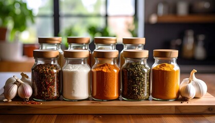 Spices and herbs in jars on wooden board in kitchen setting