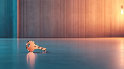 Bronze Key Lies Flat on Shiny Floor. Walls are Wood Panels with Soft Lighting. Empty Room Concept for Cybersecurity Awareness.