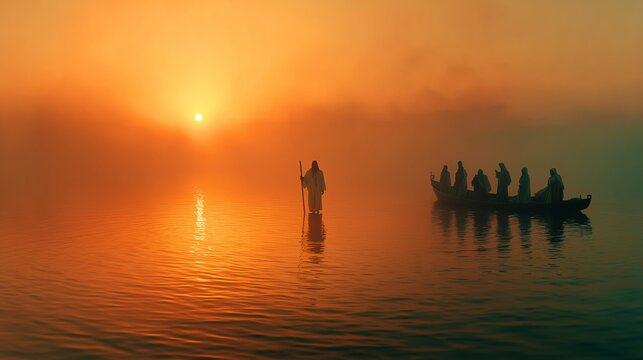Jesus walks on water at sunrise while disciples observe from a boat in serene water setting