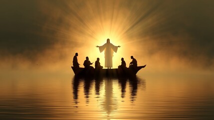Jesus walks on water at sunrise while disciples observe from a boat on calm waters