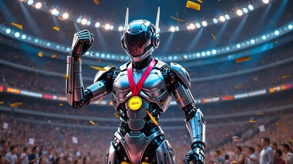 Victory pose of futuristic silver robot with gold medal in stadium celebration scene, concept of AI sports - Powered by Adobe