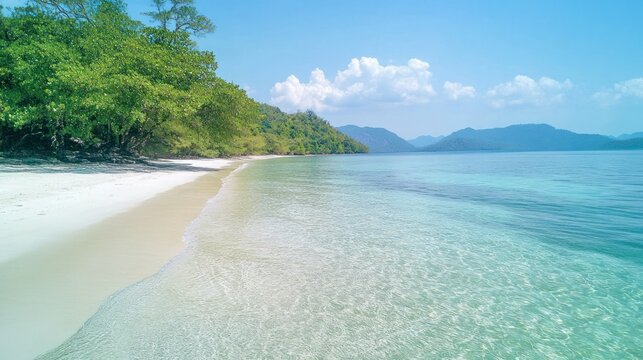 Serene tropical beach with white sand crystal clear water lush green trees distant mountain landscape under blue sky tranquil seaside scenery