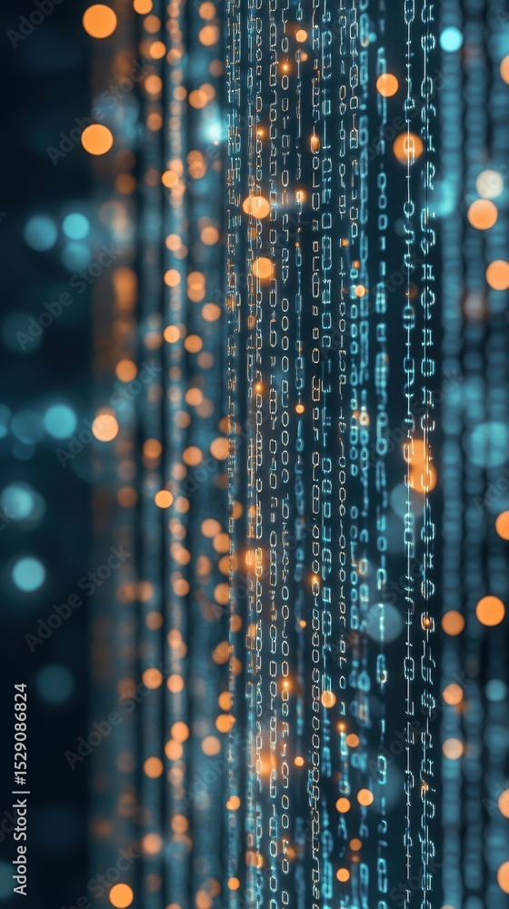 Poster digital binary code strings falling down with glowing orbs, concept for cybersecurity awareness and 