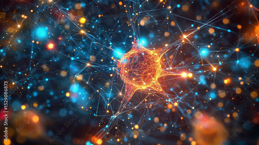 Poster exploring neural networks through glowing neurons, synapses, and brain activity in a vibrant digital