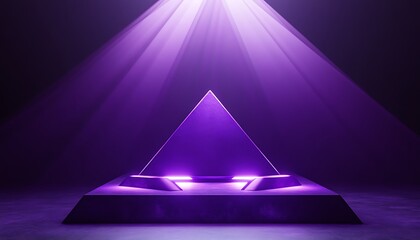 Deep purple triangular platforms supporting product in glowing spotlight design