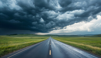 Dramatic storm clouds over an empty highway through green fields