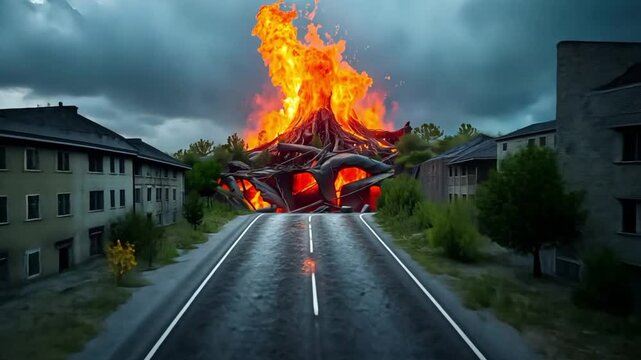Fire destruction disaster burning building inferno apocalypse flames hellscape hot landscape 100char