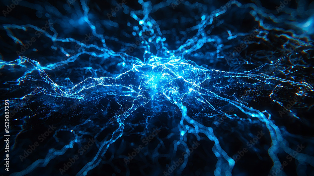 Poster electric blue plasma lines radiate from central point against dark background, creating dynamic ener