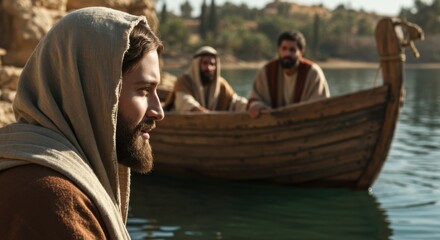 Man, Jesus Christ, looking outward with followers in a boat, Christian concept of spiritual journey, Bible story.