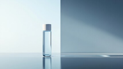 Minimalist glass bottle with white cap standing upright on a reflective surface with a shadow and wall behind, modern design, clean aesthetic, clear container