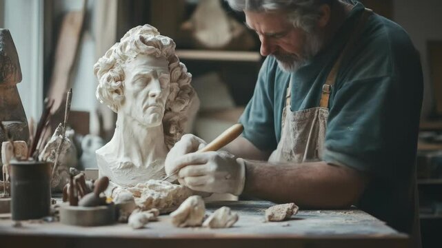 A sculptor is meticulously carving details into a bust, using a small tool to refine the sculpture's features in a display of artistic creation and craftsmanship.