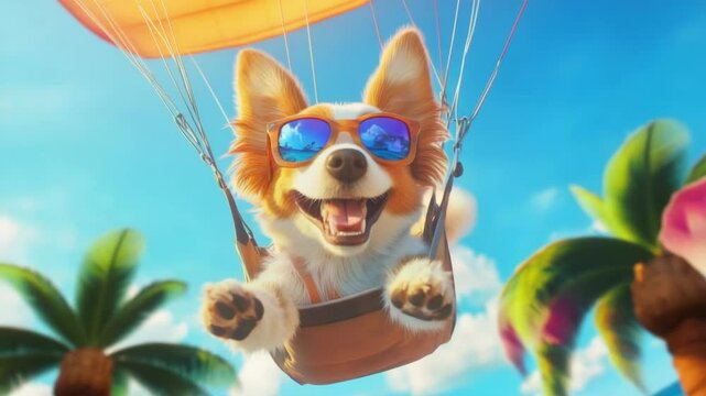 Puppy corgi dog in sunglasses parasailing above tropical beach. Cute pet adventure on summer vacation concept. Happy animal enjoying outdoor activity.