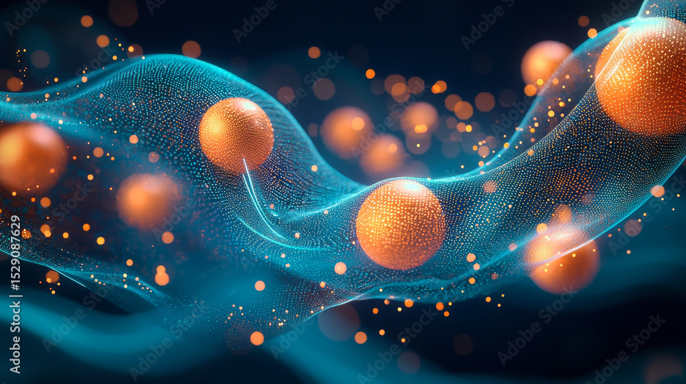 Poster vibrant abstract visual of glowing orange spheres and lines on wavy blue surface futuristic dynamic 