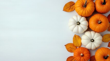 Autumn inspired soft featuring orange, white pumpkins nestled with yellow blossoms on woven placemat atop tablescape knitted white throw