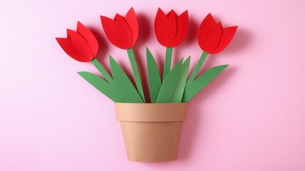 Red paper background arranged in a row on a tulips pink create a vibrant and cheerful spring themed image