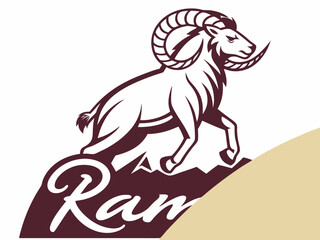 Powerful ram atop a mountain, showcasing strength and ambition.