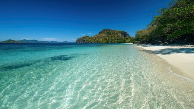 Stunning tropical beach with crystal clear turquoise waters soft white sand lush green island and blue sky in a tranquil paradise landscape - Powered by Adobe