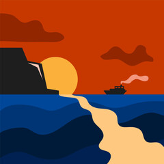 Ship cruising in the afternoon, flat illustration style