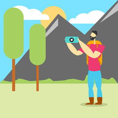 A man going hiking, flat illustration style