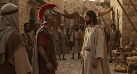A man dressed as Jesus Christ and a Roman soldier face each other in an ancient street with a crowd of men.