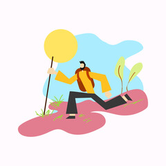 A man going hiking, flat illustration style