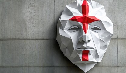 Geometric paper mask with red cross, against concrete