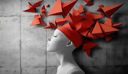 A serene mannequin head, adorned with a red headband and surrounded by scattered red triangles, against a textured concrete backdrop