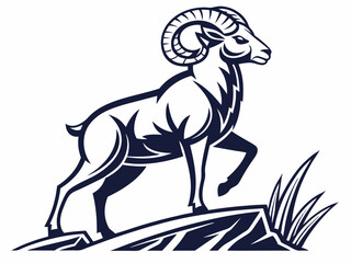 Powerful ram atop a mountain, showcasing strength and ambition.