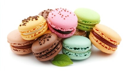 Assorted colorful macarons with cream fillings in various pastel shades arranged on a white background for dessert, pastry, and sweet treat concept