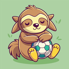 Fototapeta premium Adorable Cartoon Sloth Hugging a Soccer Ball on Green Background