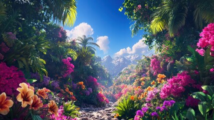 Vibrant tropical jungle landscape with colorful blooming flowers lush green palm trees bright blue sky with fluffy white clouds and a rocky path leading through nature
