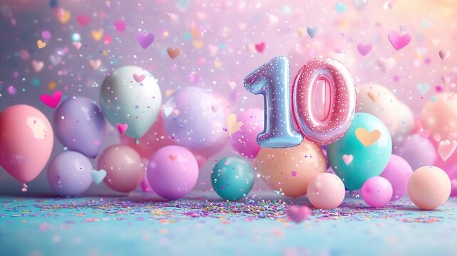Soft colored balloons drifting, confetti falling, marking festive milestone celebration with cheerful, playful mood