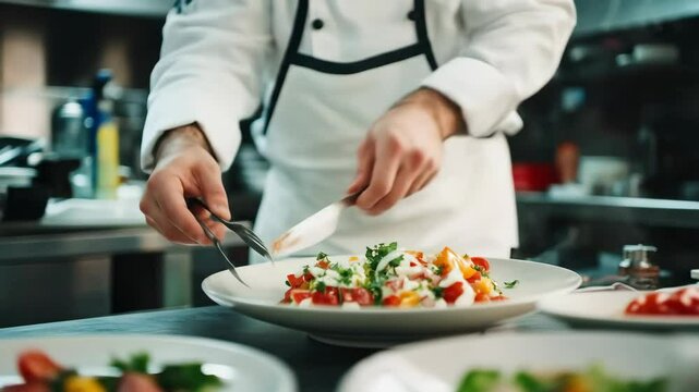 A chef meticulously plates a fresh salad, arranging the ingredients with precision and care in a professional kitchen setting.