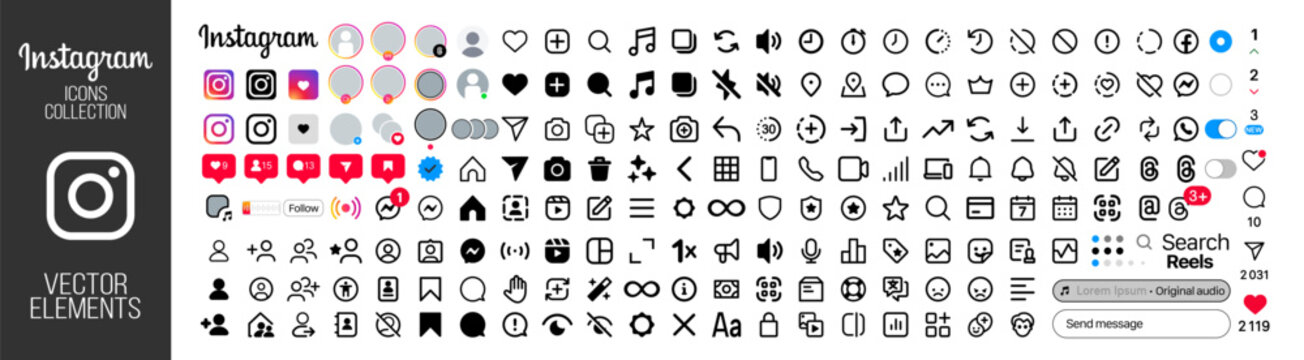 UKRAINE, KHARKIV, 10 JUNE 2025: Instagram collection set icons. Social media icon like, comment, follower, icons, instagram ui app interface icon set. Home, search, reel, shop, profile, share, save.
