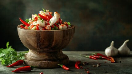 Fresh and colorful spicy vegetable salad salad with chopped tomatoes red peppers lettuce and herbs served in a wooden bowl on rustic dark background
