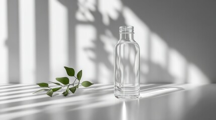 Clear glass water bottle with a simple design placed on a white surface with shadow patterns and a green leafy plant branch for minimalistic natural hydration