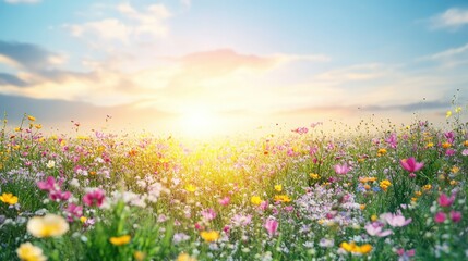 Vibrant blooming sp meadow with colorful wildflowers under a bright sunny sky du sunrise or sunset, perfect for nature and outdoor themes