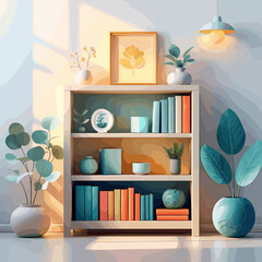 Charming bookshelf with colorful books, plants, and decorative accessories