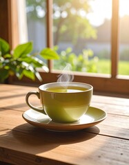 Fototapeta premium Steaming cup of tea in sunlight on a wooden table indoors