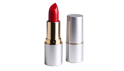 Obraz premium A realistic photo of an open red lipstick with cap off, isolated on transparent background