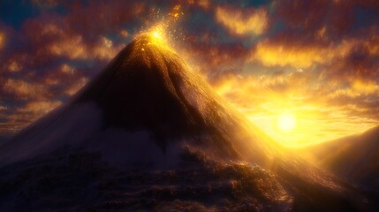 Golden volcano erupting under dramatic cloudy sky