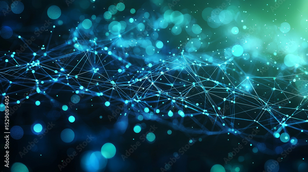 Poster abstract digital network, futuristic technology background with blue and green connections, represen
