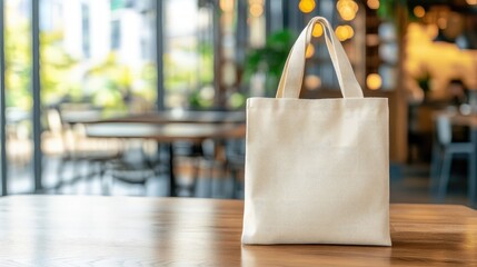 A blank beige canvas tote bag sits on a wooden table in a cafe