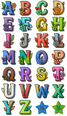 Glossy 3D Floral English Letters A to Z in Bright Colors with Decorative Flowers and Leaves on Black Background, Ideal for Educational, Kids, and Creative Design Projects,transparent background 
