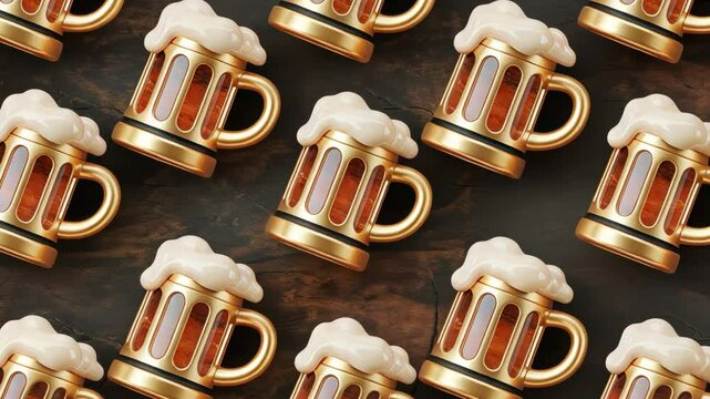 Multiple golden beer mugs filled with a refreshing beverage and topped with white foam.
