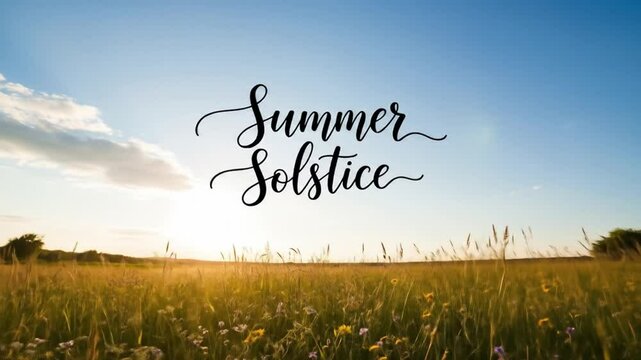 4K video of natural summer solstice scene featuring tall grasses and wildflowers swaying under a bright blue sky. The handwritten calligraphy adds a rustic charm