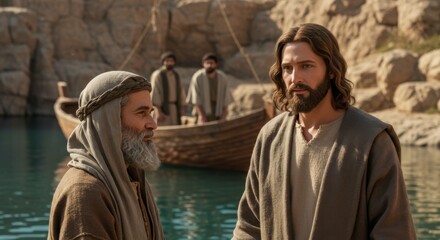 Jesus christ and an older man by the water with a boat and two men in the background. Biblical scene concept.