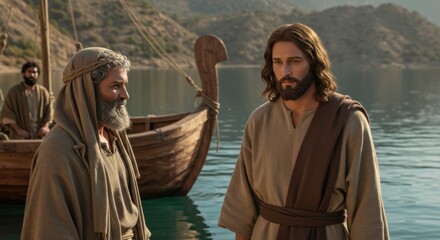 Jesus Christ and a man by the sea, a boat nearby. Biblical scene related to apostles and fishermen from the Gospel.