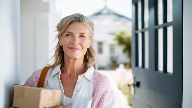 Happy senior woman holding cardboard box in front of open house door. Customer receiving delivery or moving house concept.